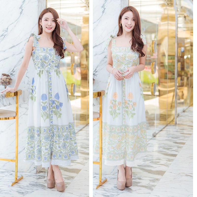 kudapy เดรสยาวสีเหลือง/สีม่วง สายเดี่ยวลายดอกไม้สวยดูดีน่ารักมากๆ