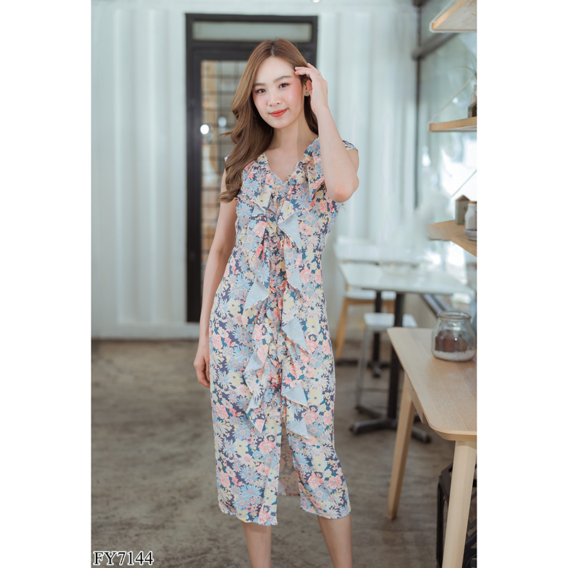 kudapy เดรสสั้นสีครีม/สีชมพู แขนกุดแต่งระบายหน้า