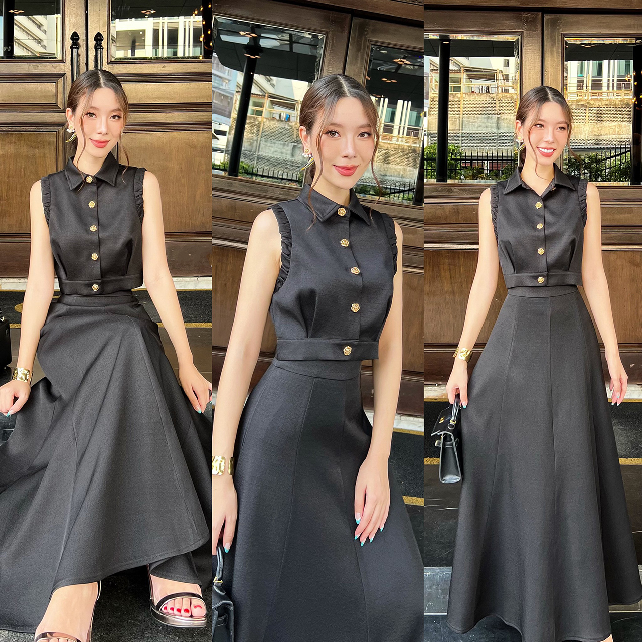 kudapy ชุดเซ็ทเสื้อ+กระโปรงยาว ตัวเสื้อออกแบบให้ดูเกร๋ที่แขนเสื้อ กระดุมดอกไม้ทองเป็นกระดุมจริง ปกเสื้อทรงแหลม