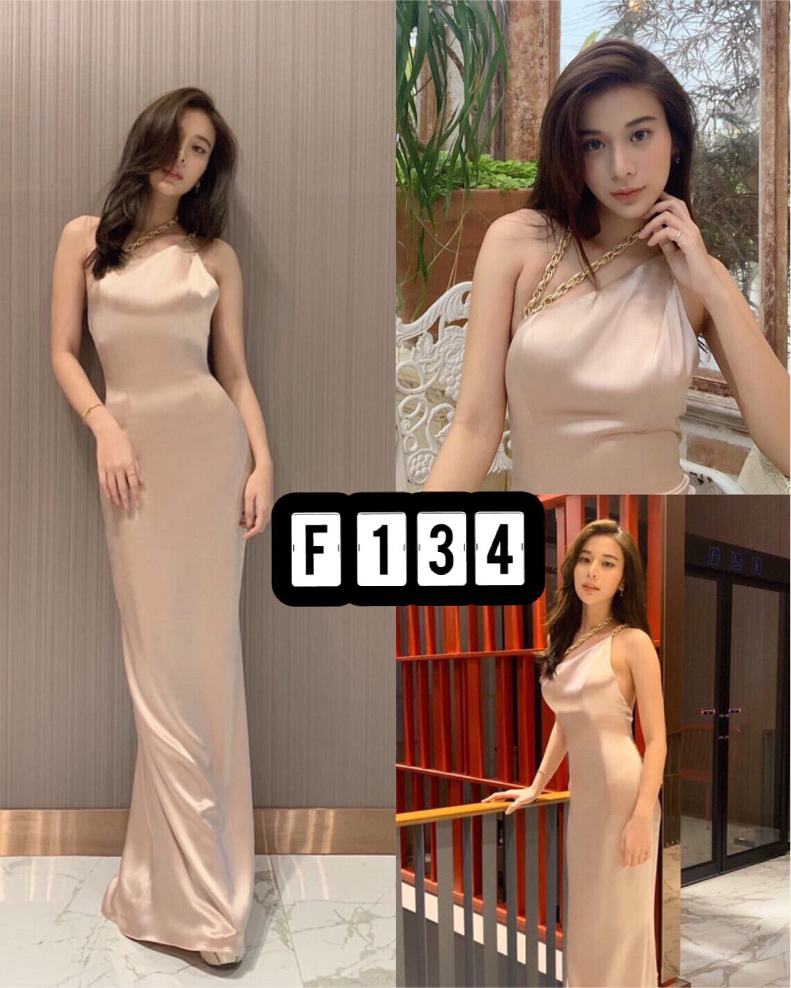 kudapy ชุดราตรียาวสีชมพู มีสายโซ่คล้องคอ ที่คุณเก้าใส่สวยมากๆ ผ่านเครปซาตินทรงสวยตามแบบ