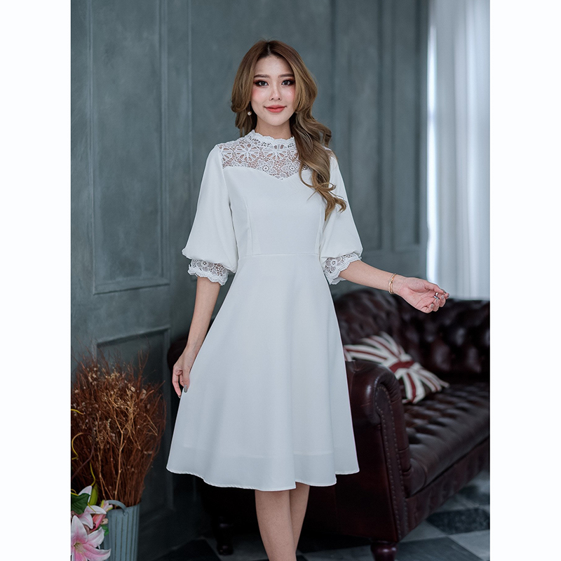 kudapy เดรสสั้นสีขาว/สีชมพู/สีดำ ทรงแขนพองจั้มปลายแขนช่วงแขนดูสวยดูแพง ดูไฮโซมากๆ