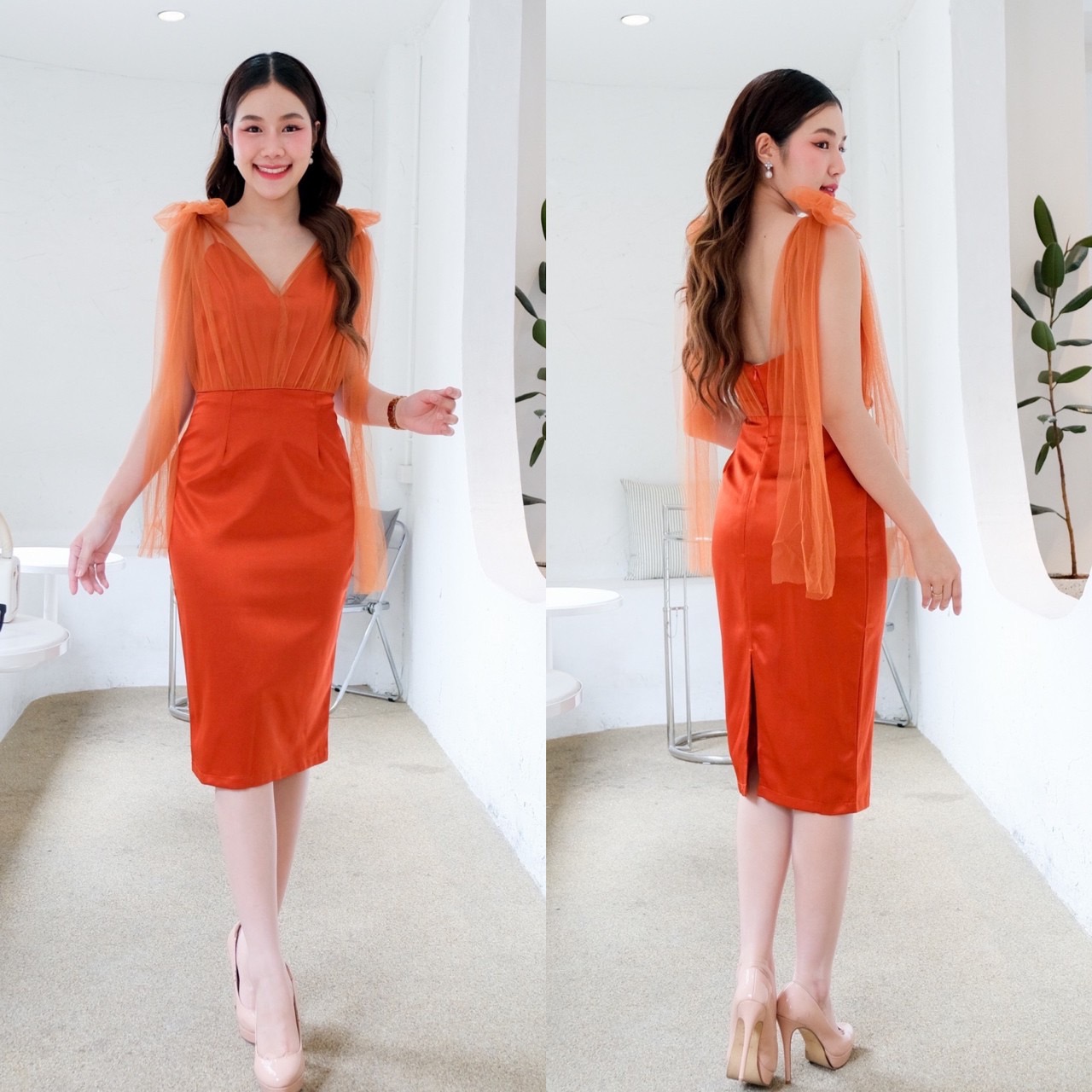 kudapy เดรสสั้นสีกรม ครีม เทา ชมพู ส้มอิฐ แดง ผ้าดัชเชทเเต่งมุ้งสองข้างกระโปรงผ่าหลัง แต่ง ผ้าตาข่ายนิ่ม