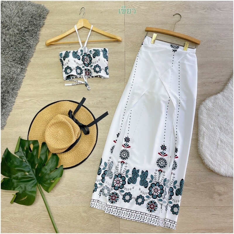 kudapy Set 2 ชิ้น เสื้อเกาะอก คล้องคอ พิมพ์ลาย ดอกไม้+ กางเกงกระโปรงปล่อย ชุดเที่ยวทะเลชิลๆ
