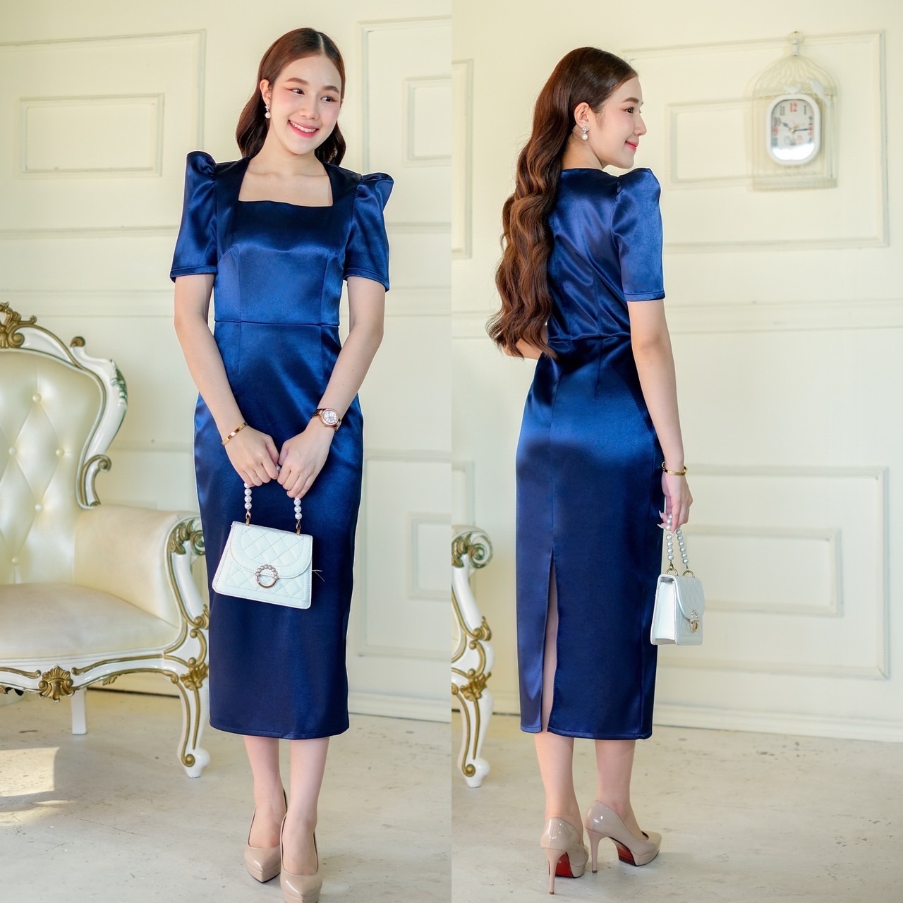 kudapy เดรสสั้นสีชมพู/สีทอง/สีกรมท่า/สีแดง/สีฟ้า ทรงสอบ คอเหลี่ยม แขนสั้น จับจีบยกบ่า กระโปรงทรงสอบ เก็บสะโพก