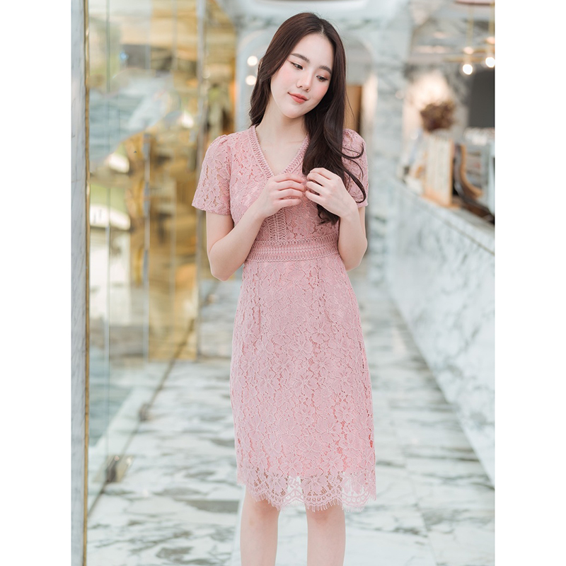 kudapy เดรสสั้นสีชมพู ใส่วสยดูดี ลูกไม้แขนสั้น