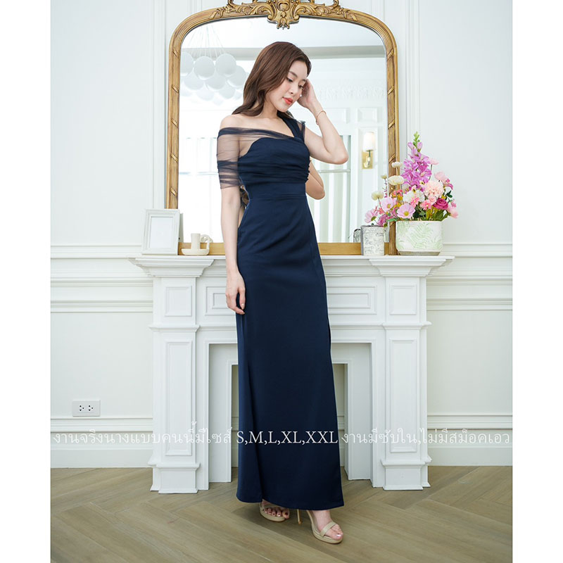 kudapy เดรสยาวสีแดง/สีกรม สไตล์เรียบหรูดูแพง ไหล่แต่งผ้าซีทรู กระโปรงยาวผ่าหน้า เหมาะสำหรับใส่เป็นชุดราตรี ชุดไปงานแต่งงาน ชุดเพื่อนเจ้าสาว