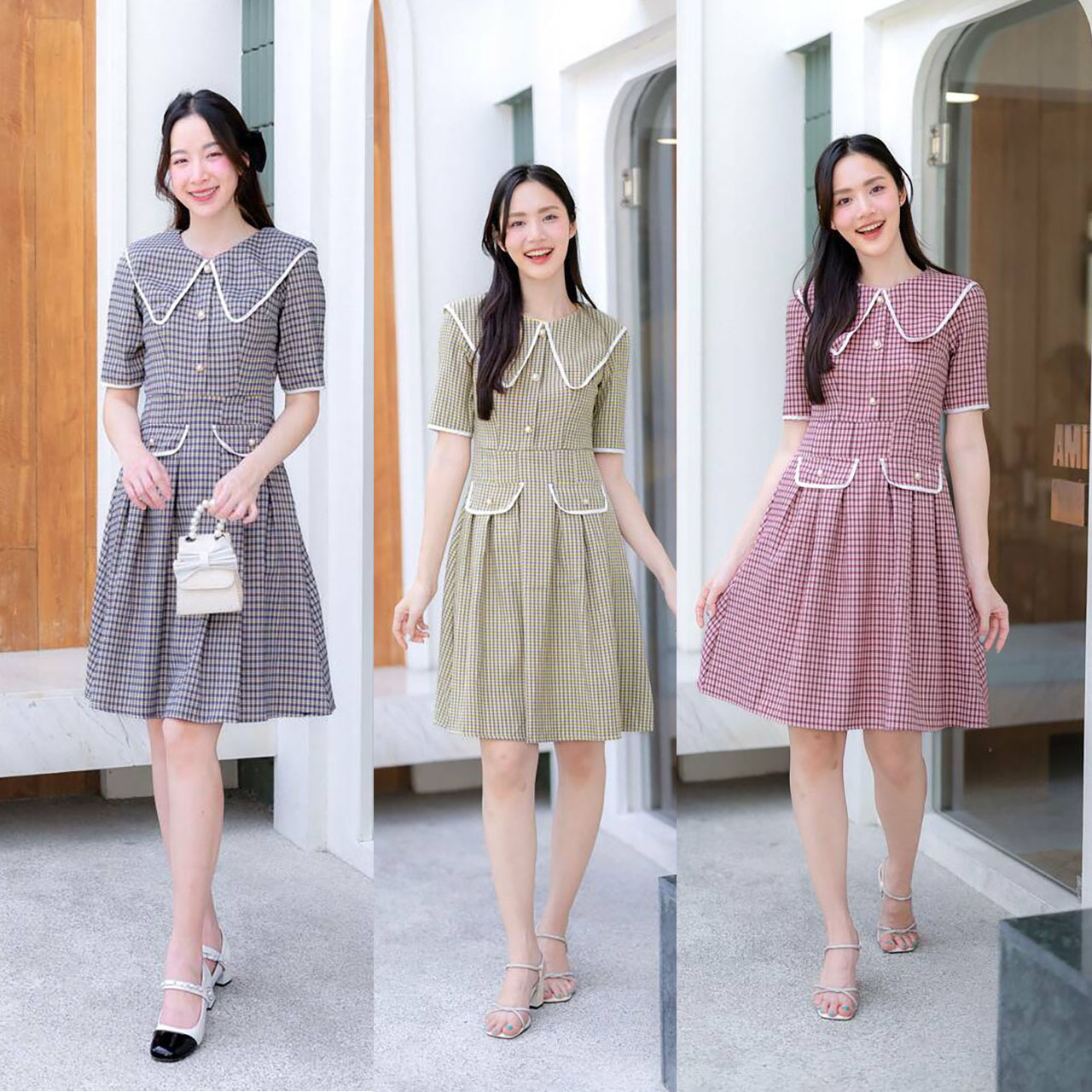 kudapy เดรสสั้นสีสีเหลือง/สีกรม/สีชมพู คอปกลายสก็อตแขน 3 ส่วน ใใส่เที่ยวสวยดูดี น่ารัก