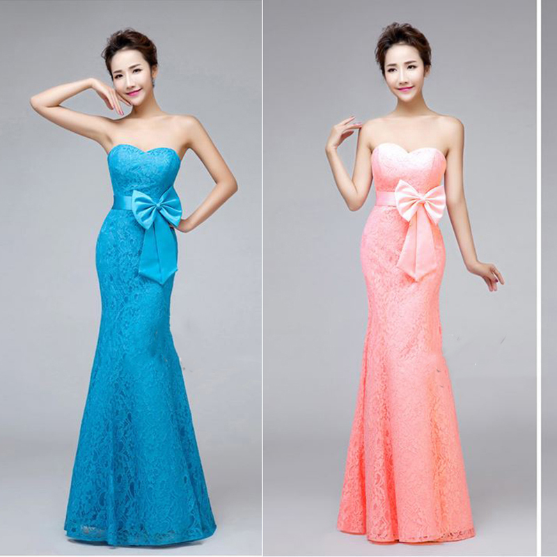 kudapyเดรสยาวสีฟ้าเข้ม/สีโอรส เกาะอก ลูกไม้ ทรงหางปลา คอเว้าหัวใจ