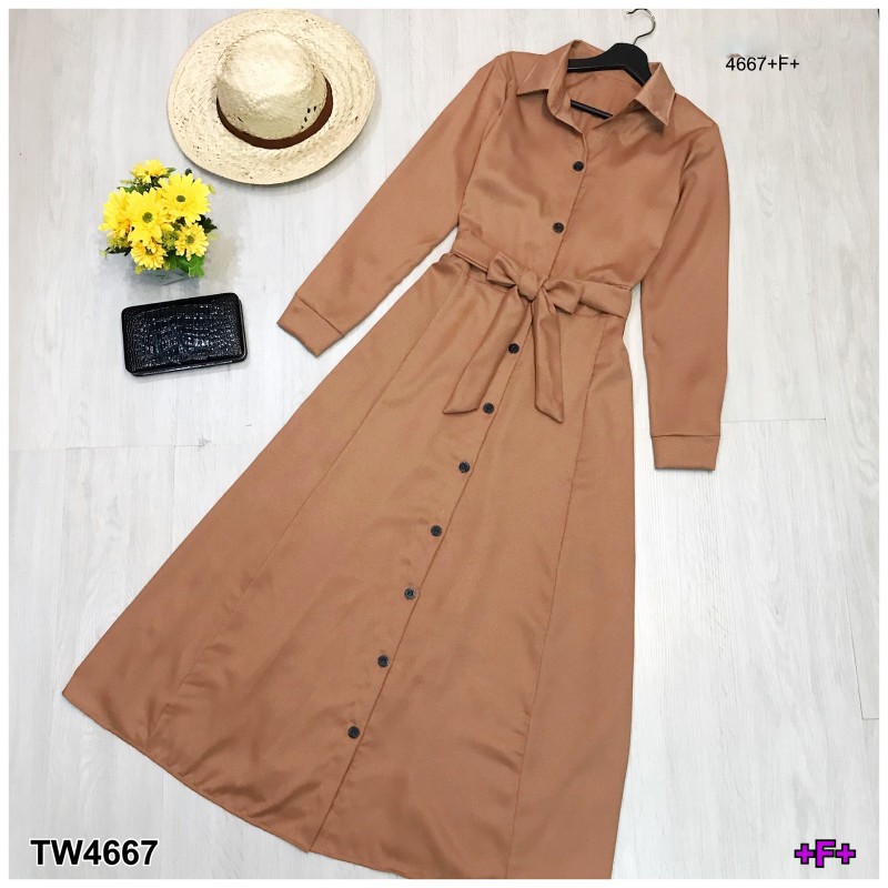 kudapy Maxi Dress แม็กซี่เดรสเชิ้ตแขนยาว สีพื้น งานเชิ้ตแต่งคอปกกระดุมช่วงหน้ายาวข้างเอวเย็บติดสายผูกเอว