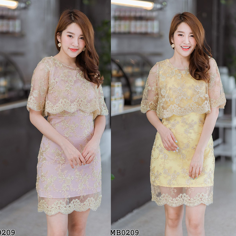 kudapy เดรสสั้นสีชมพู/สีเหลือง ปักเลื่อมทองใส่สบาย ออกงานดูดีมากๆ