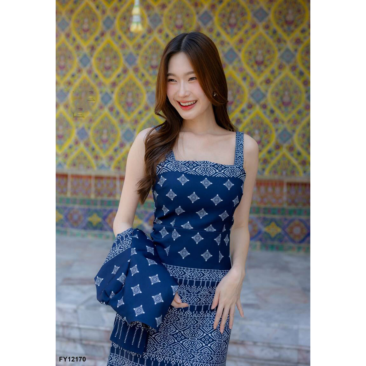 kudapy เซ็ทสีกรม เสื้อคลุมแขนยาวลายไทย+ชุดเดรสสั้นแขนกุดผ้าลายไทยสวยดูดี