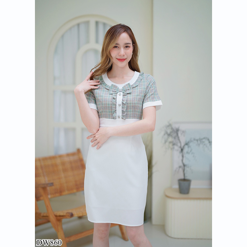 kudapy เดรสสั้นสีขาว/สีเหลือง/สีดำ เดรสทำงานลายสก็อตมีกระดุมกลางอก