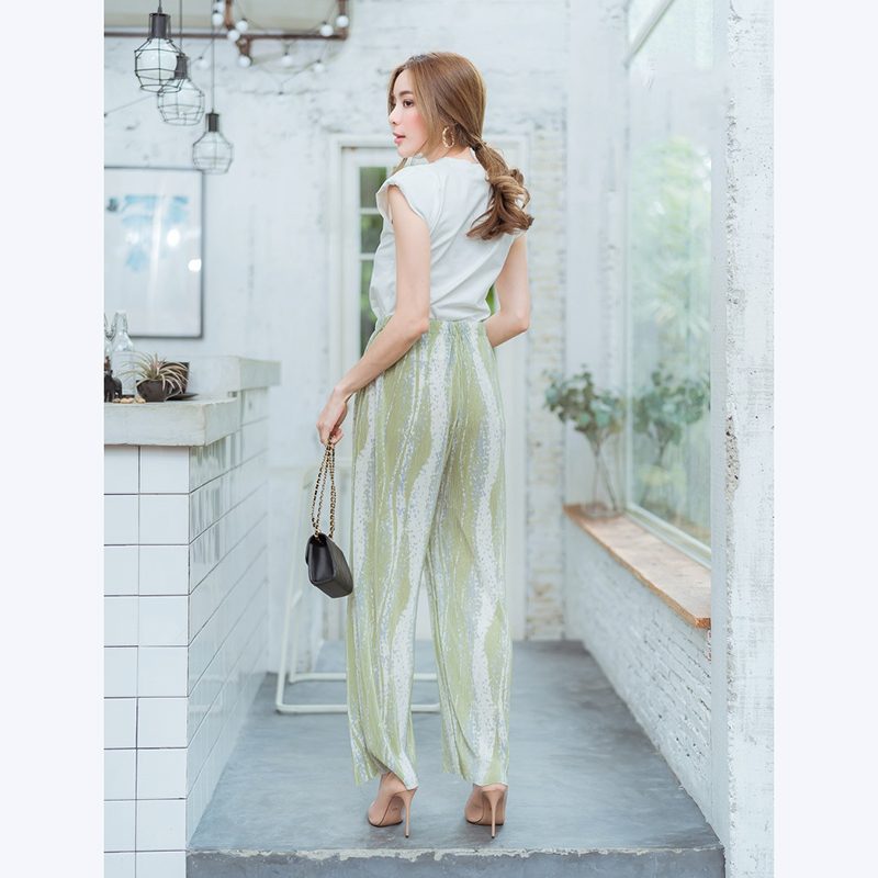 kudapy เซทเสื้อ+กางเกงอัดพีชลายคลื่นสีเขียว,ดำ,ฟ้า,ชมพู สวยดูดีใส่สบายน่ารัก