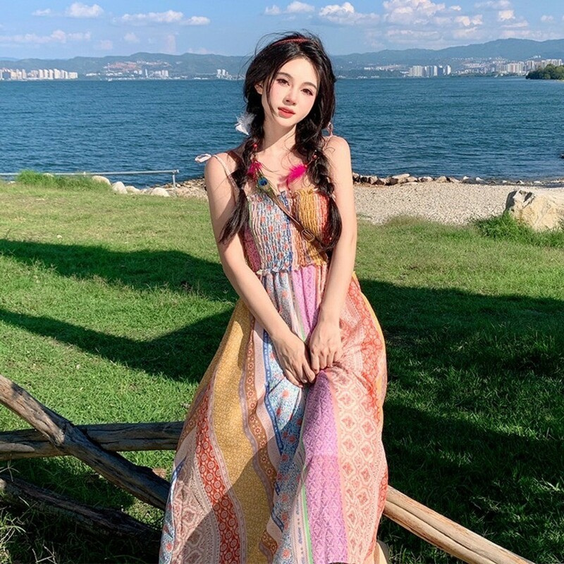 kudapy เดรสยาวสายเดี่ยวเที่ยวทะเล สายเดี่ยวผูกไหล่ พิมลายสีสวยมากค่ะ