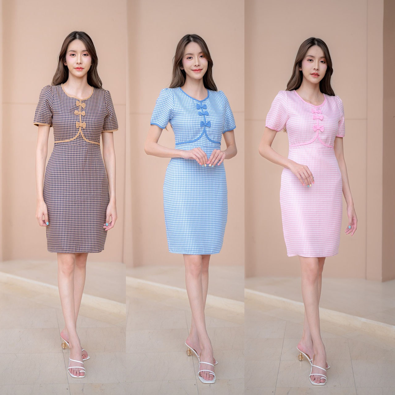 kudapy เดรสสั้นสีชมพู สีน้ำตาล สีฟ้า ลายสก๊อต ทรงเข้ารูป ดีเทลโบว์คอกลม งานซิปด้านหลัง