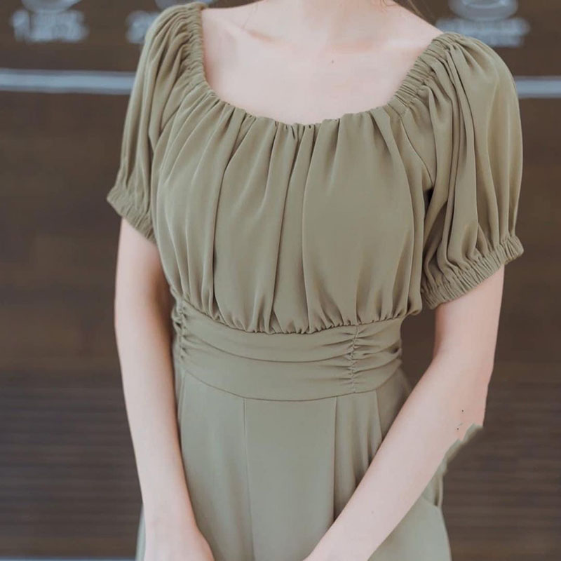 kudapy จั๊มสูทขายาวสีกากี/สีดำ ทรงสวย แต่งเปิดไหล่ แขนตุ๊กตา กระเป๋าข้าง ผ้าเนื้อดี