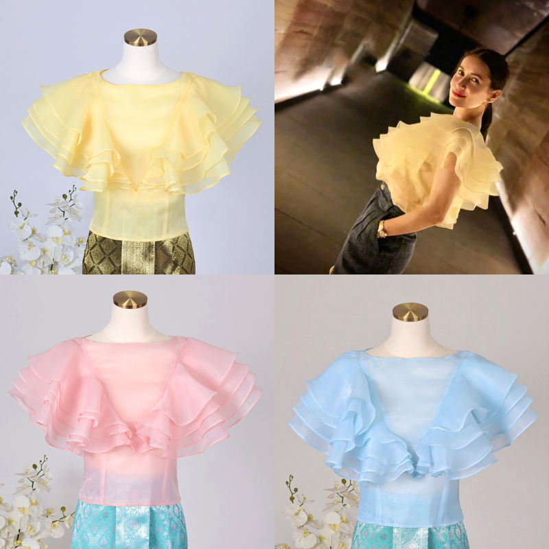 kudapy เสื้อไปงาน ผ้าแก้วคอปาดแคบสีชมพู/สีฟ้า/สีเหลือง แต่งระบายช่วงแขนเป็นทรงหน้าอก V Shape ระบาย 4 ชั้นสวยหรูมากๆค่ะรุ่นนี้ ขายดีสุดๆ