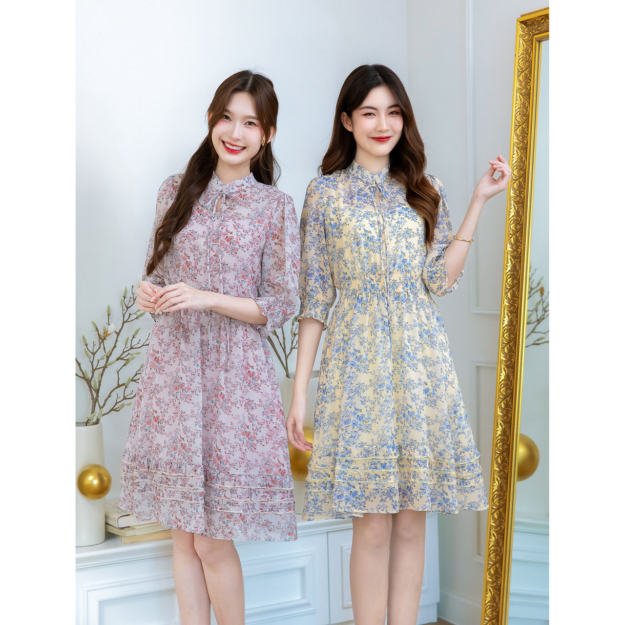 kudapy เดรสชีฟองลายดอก สวยพริ้ว ดีเทลชุดสวย มีลูกเล่นช่วงชายกระโปรง เย็บแต่งจับจีบสามเลเยอร์