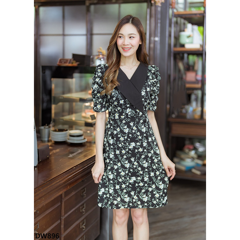 kudapy เดรสสั้นสีชมพู/สีดำ/สีเเหลือง เดรสทำงานทรงสูทลายดอก