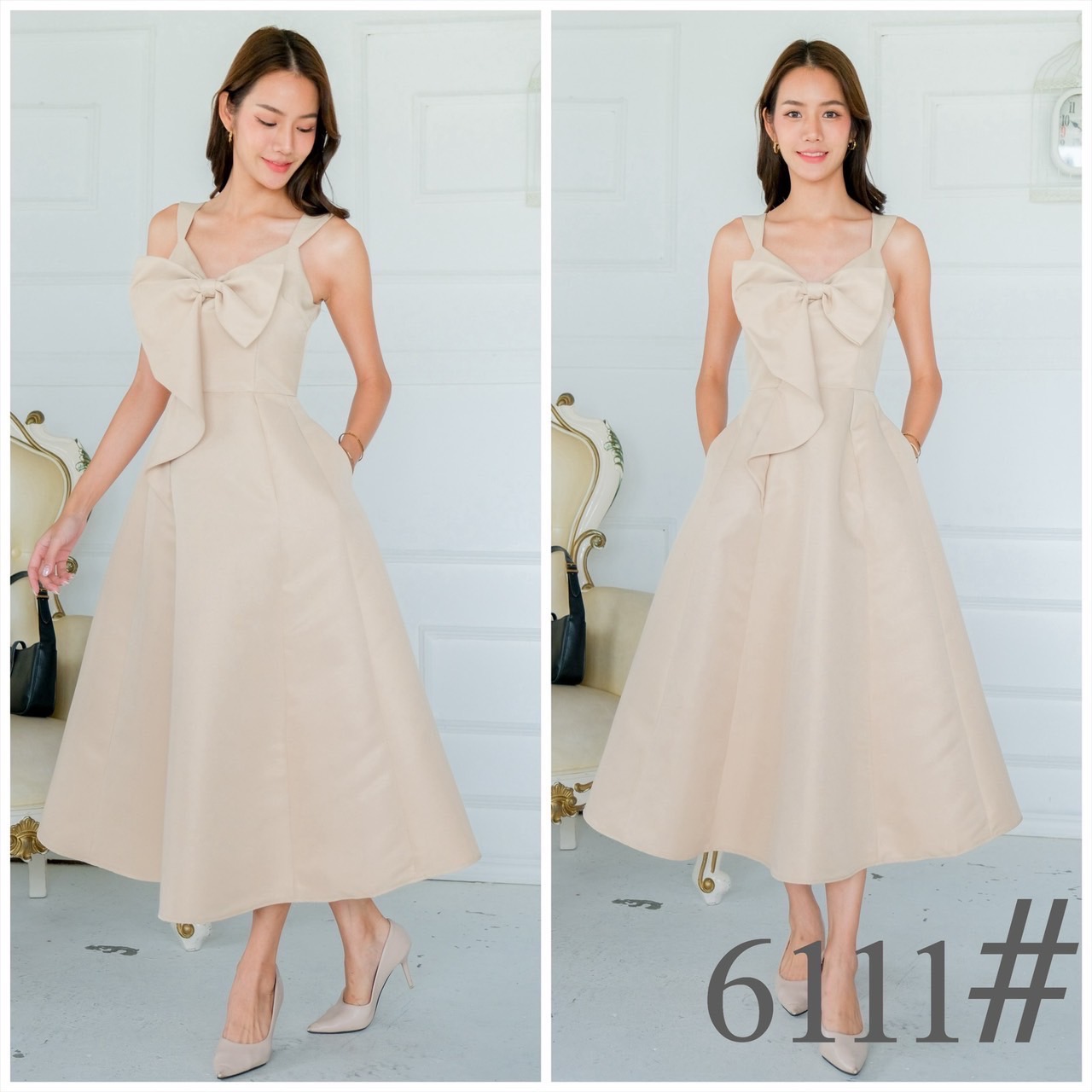 kudapy เดรสยาว แขนกุด อกโบว์ เกาหลี กระโปรงบาน มีกระเป๋าข้าง