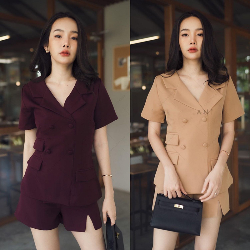 kudapy เสื้อสูท+ขาสั้นสีแดง/สีน้ำตาล ผ้าเนื้อดีรีดอัดกาว ซับในทั้งตัว ซิปหลัง