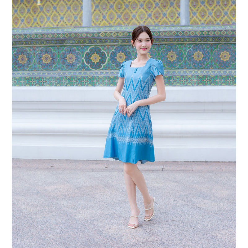 kudapy เดรสสั้นสีฟ้า/สีเหลือง ผ้าทอแขนกลีบบัว ผ้าลายไหย ใส่ทำงานสวยดูดี