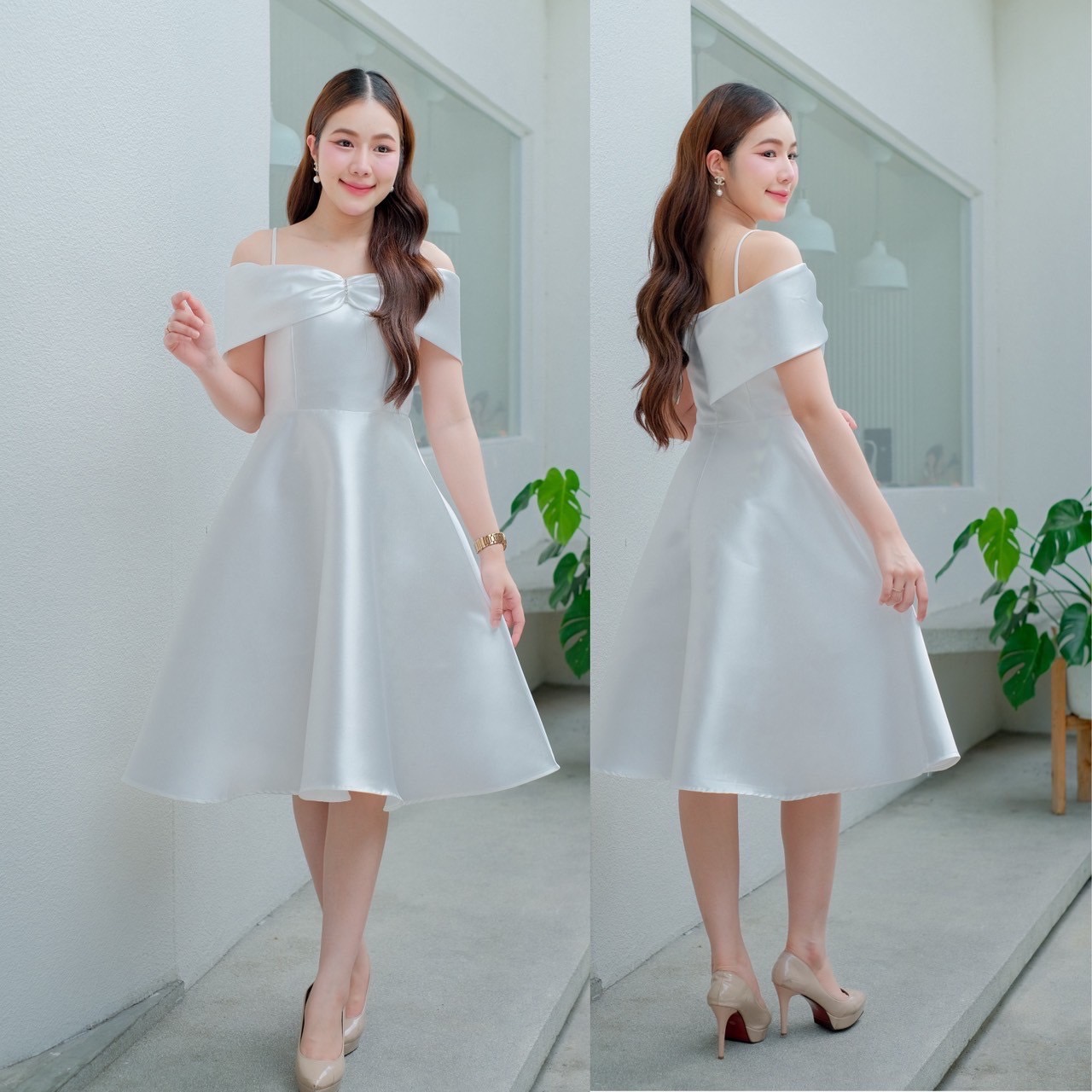 kudapy เดรสสั้น สายเดี่ยวเปิดบ่า แต่งจีบโบว์ประดับอัญมณีเม็ดโต ซิบหลัง