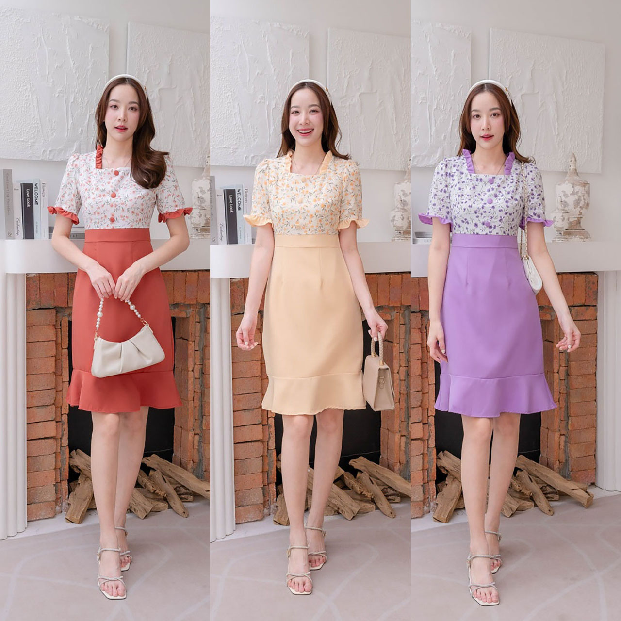 kudapy เดรสสั้นสีครีม สีส้ม สีม่วง กระโปรงสีพื้นแต่งระบายเสื้อลายดอก