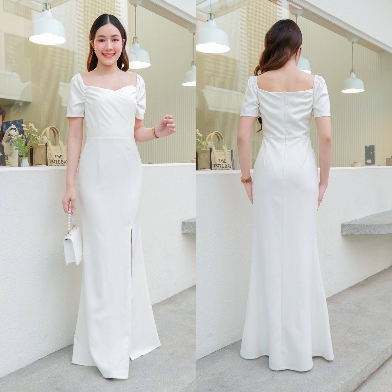 kudapy เดรสยาวสีขาว แขนสั้นจีบทิวลิป ใส่ได้สองแบบ เปิดบ่า แขนสั้นคอเหลี่ยม กระโปรงหางปลาผ่าหน้า
