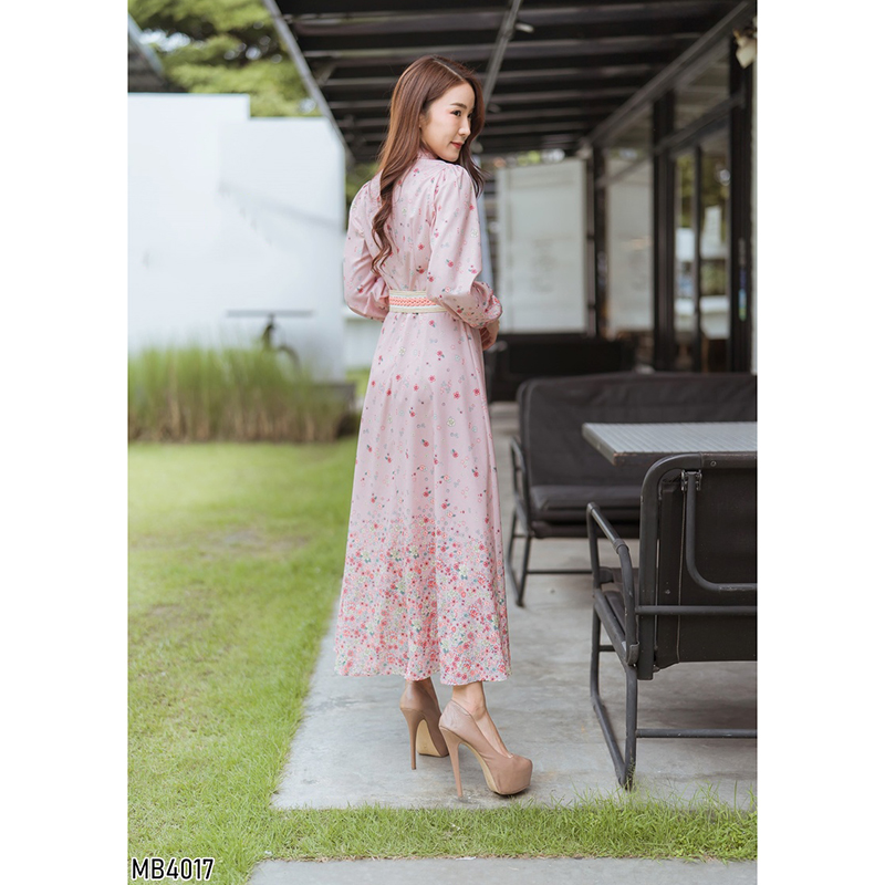 kudapy เดรสยาวสีขาว/ชมพู แขนยาวกระดุมหน้าใส่สบายสวยดูดี