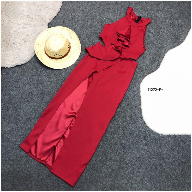 kudapy แม็กซี่เดรสแขนกุดสีกรม ,สีชมพู ,สีแดง แต่งระบายคลีบปลาอก ผ่าหน้า