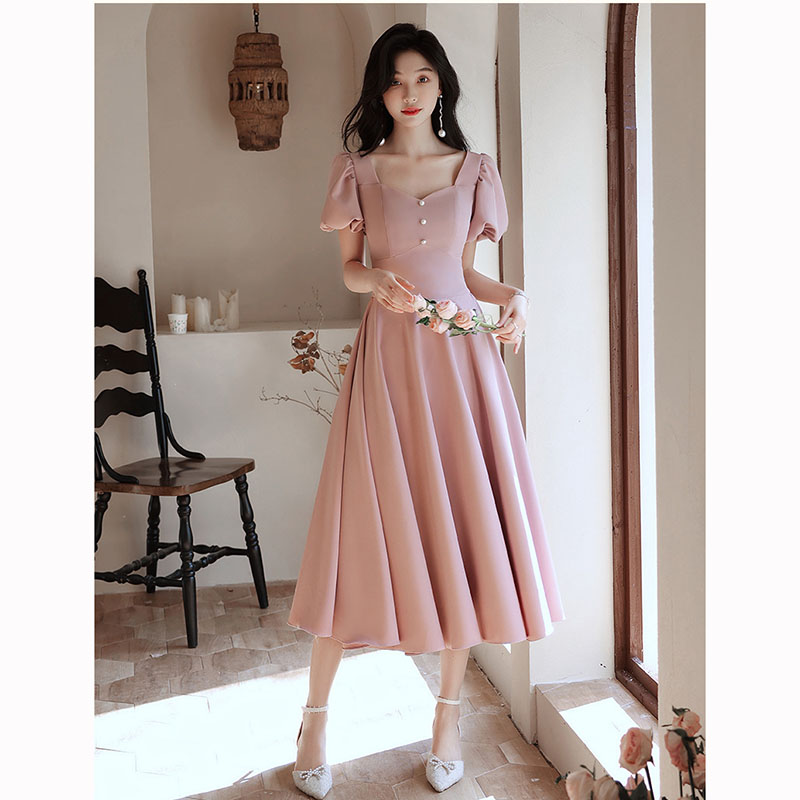 kudapy เดรสยาวสีชมพู เดรสสั้นแขนบอลลูนแต่งกระดุมมุกกระโปรงทรงบาน สวยหวาน เรียบหรู สวยดูดี สไตล์มินิมอล