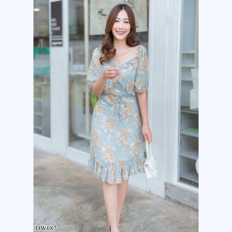 kudapy เดรสสั้นลายดอกคอเหลี่ยมสีชมพู,เขียว,ดำ ลายดอกเกาหลีสวยน่ารักสไตส์คุณหนูมากๆ