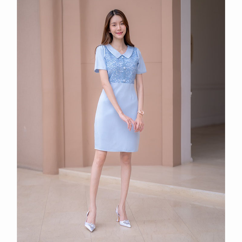 kudapy เดรสสั้นสีชมพู/สีฟ้า ผ้าทออกลูกไม้ ใส่ออกงานสวยดูดี น่ารัก