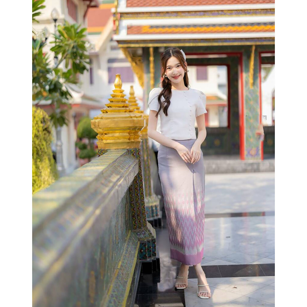 kudapy เซ็ทลิซ่าผ้าถุงลายไทยสีเทา/สีชมพู ใส่ออกงาน ใส่ไปวัด งานบุญ สวยดูดี