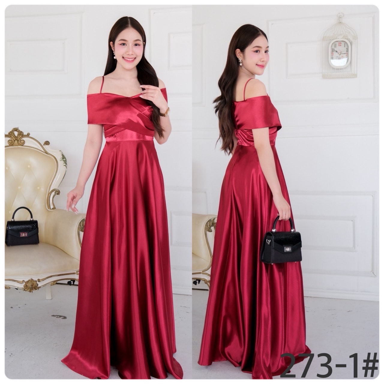 kudapy เดรสยาว เปิดบ่า สายเดี่ยวอกไขว้ กระโปรงบานเจ้าหญิง ผ้าซาติน ใส่ออกงานสวยดูดี