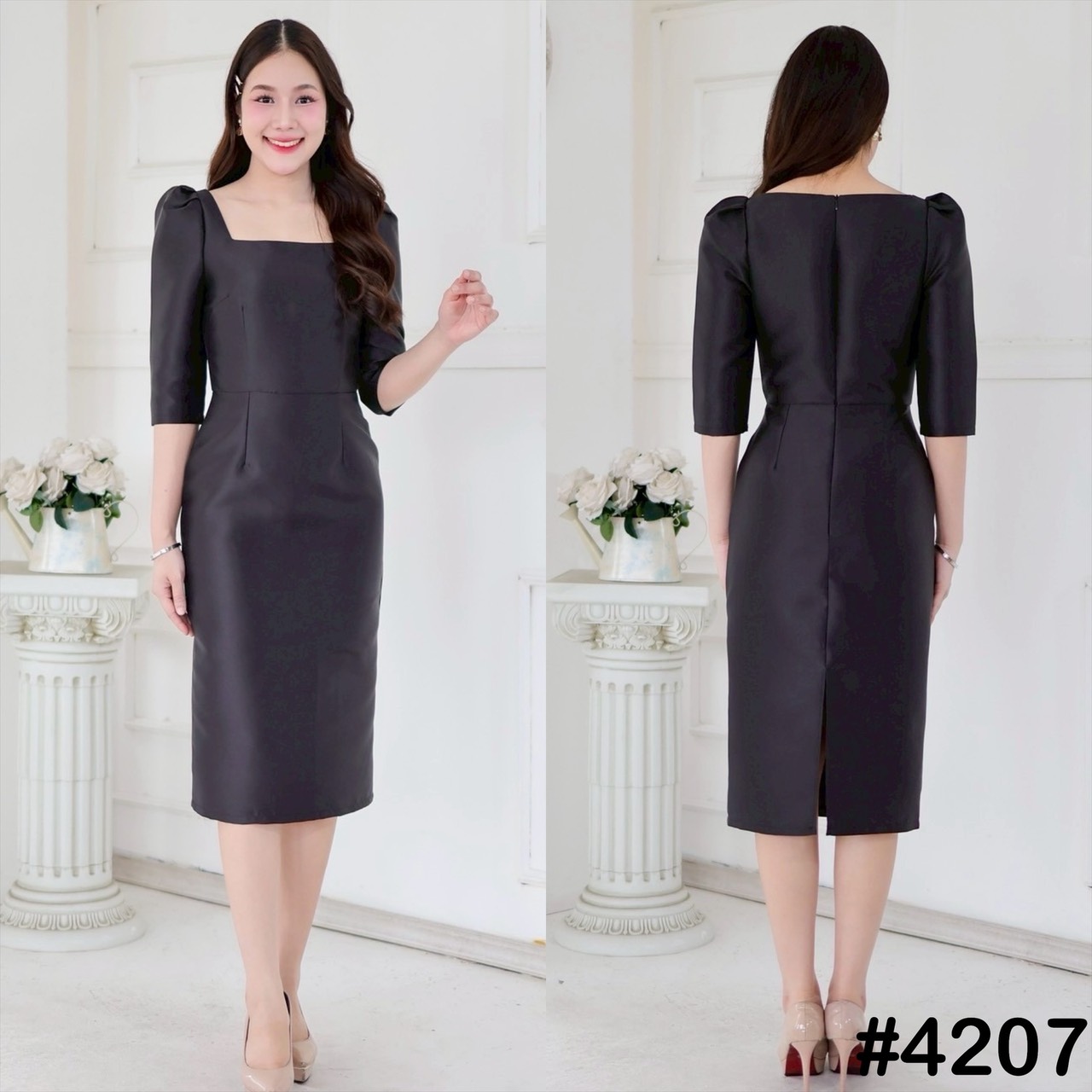 kudapy เดรสสั้นออกงาน แขนสามส่วน ดีเทลจับจีบหัวไหล่ กระโปรงสอบผ่าหลัง คอเหลี่ยม