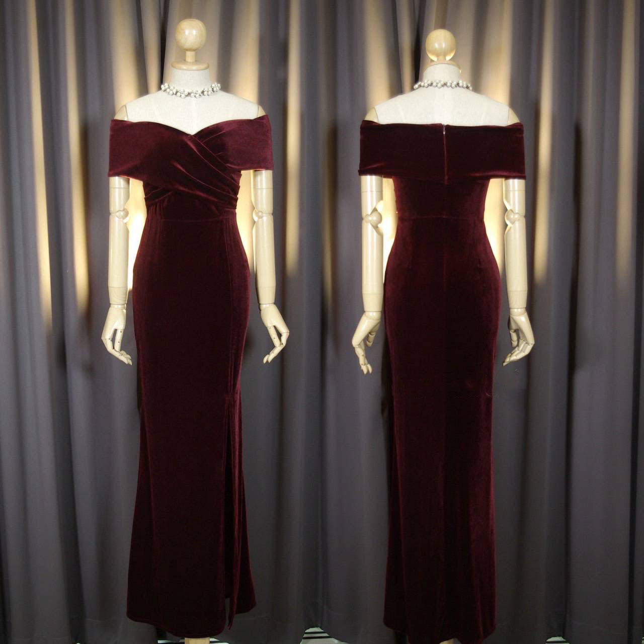 kudapy เดรสยาวสีเทา/สีชมพูโอรส/สีแดง ผ้ากำมะหยี่ไขว้อก ทรงเปิดบ่า กระโปรงหางปลาผ่าหน้า ทรงนี้เรียบหรู