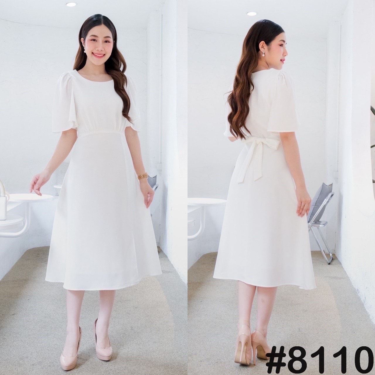 kudapy เดรสสั้นสีขาว,ชมพู,แดง,เขียวพิตาชิโอ้,ครีมนู้ด,ส้มโอรส คอกลม ไหล่จับจีบแขนทรงกระดิ่ง มีริบบิ้นเอวผูกโบว์หน้า/หลัง