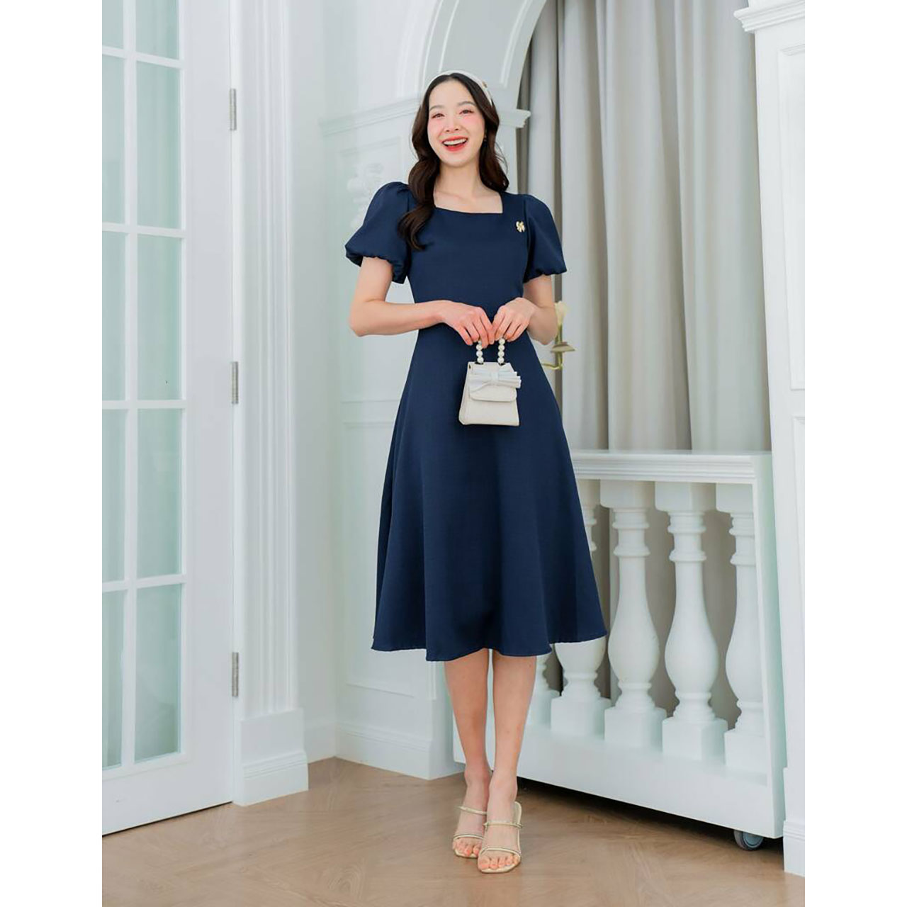 kudapy เดรสสั้นสีเหลือง/สีฟ้า/สีกรม แขนตุ๊กตากระโปรงบาน