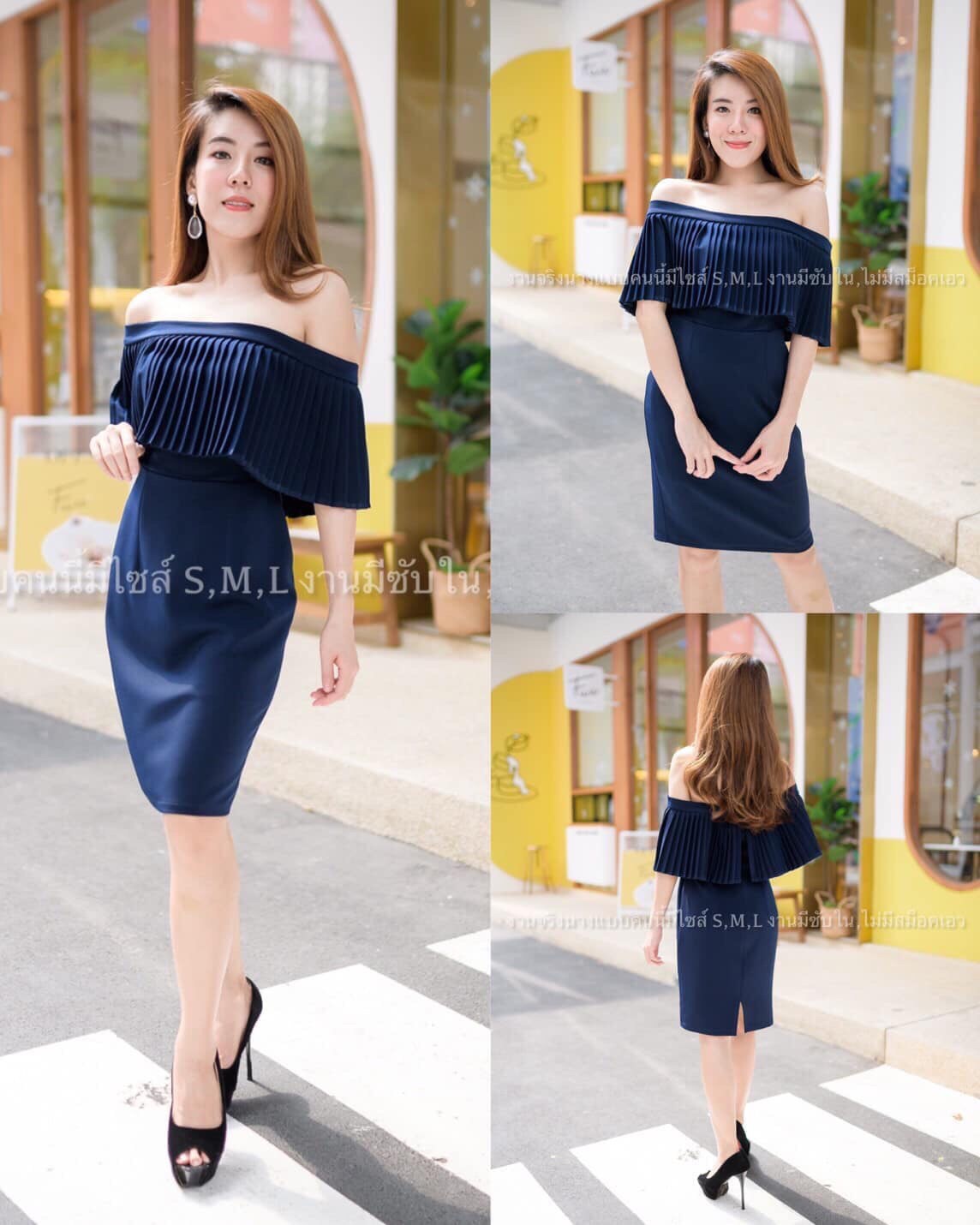 kudapy เดรสสั้นใส่ออกงานเปิดไหล่แต่งระบายอัดพีท ผ้าฮานาโกะ