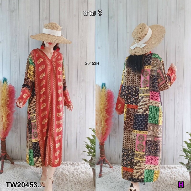 kudapy ชุดเดรสคอวี ทรงปล่อย แขนยาวปล่อยปลายแขนไม่สม็อค ใส่เที่ยวทะเล