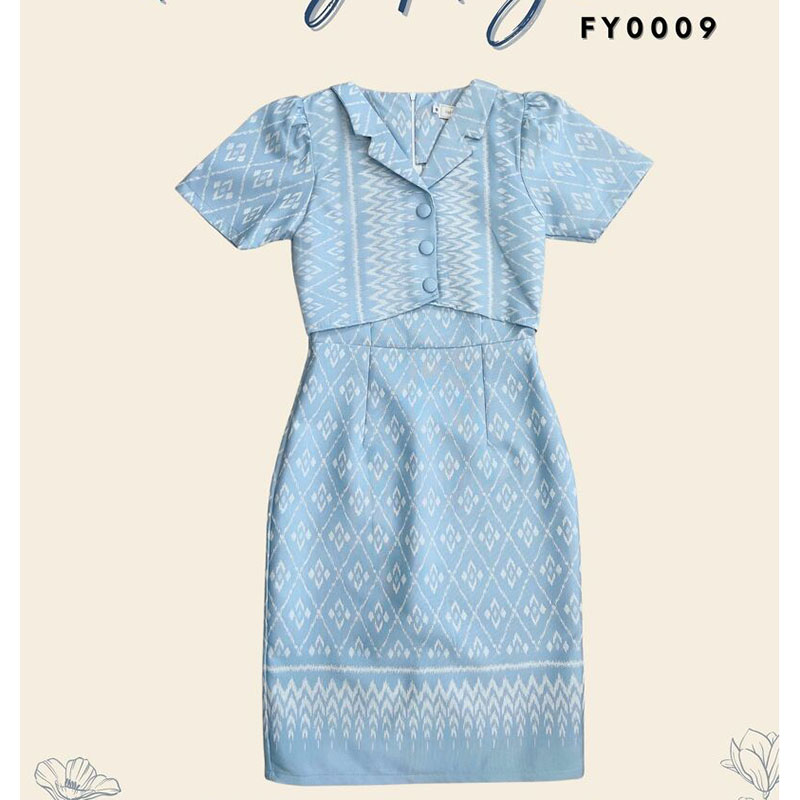 kudapy เดรสสั้นสีฟ้า/สีโอรส ผ้าทอแต่งปกเทเลอร์ ลายผ้าไทย ใส่ออกงาน ใส่ทำงานสวยดูดี