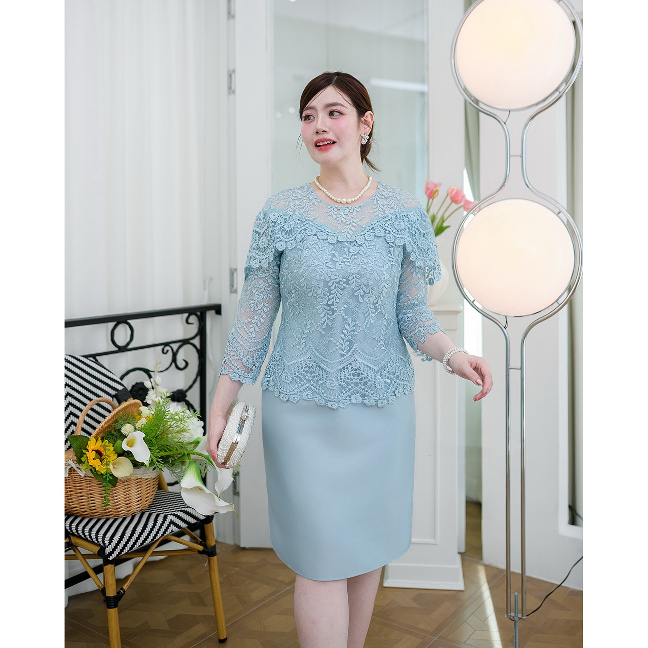 kudapy เดรสผ้าไหมลูกไม้แต่งไหล่ระบายแบบสวยเก๋ งานแขนห้าส่วนลูกไม้นิ่มไม่ระคายผิว