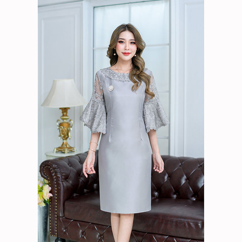 kudapy เดรสสั้นสีโอรส/สีเทา ดีไซด์แขนระบายปิดศอก แขนบานทำให้ดูสวยแพงได้ลุคไฮมาก