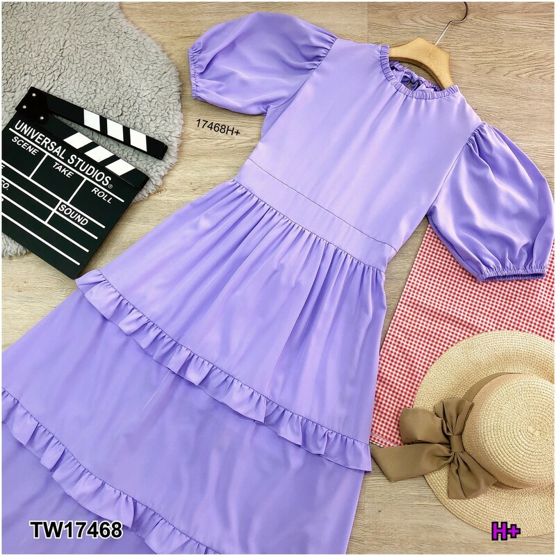 kudapy แม็กซี่เดรสยาว แขนพองผูกคอหลัง มีผูกเอว ผ้าไหมอิตาลี่สีพื้น แต่งระบาย 3 ชั้น