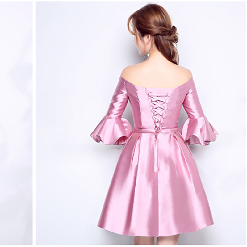 kudapy เดรสราตรีสั้นสีชมพู เดรสเปิดไหล่ใส่ออกงานผ้าซาตินเสื้อเปิดไหล่แขนยาวระบายข้อศอก สวย หรู