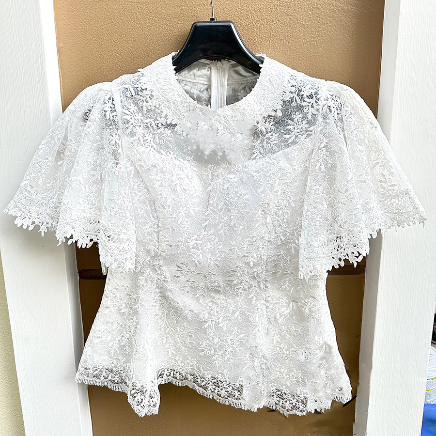 kudapy เสื้อลูกไม้สีขาว เสื้อสีชมพู ลูกไม้ใยบวบปักเลื่อมเกรดพรีเมี่ยม แขนระบาย