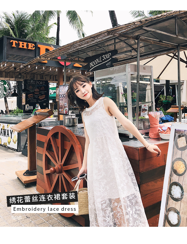 kudapy summer dress ผ้าไหมแก้ว organza สีขาว แขนกุด ปักด้ายลายดอกไม้ทั้งชุด