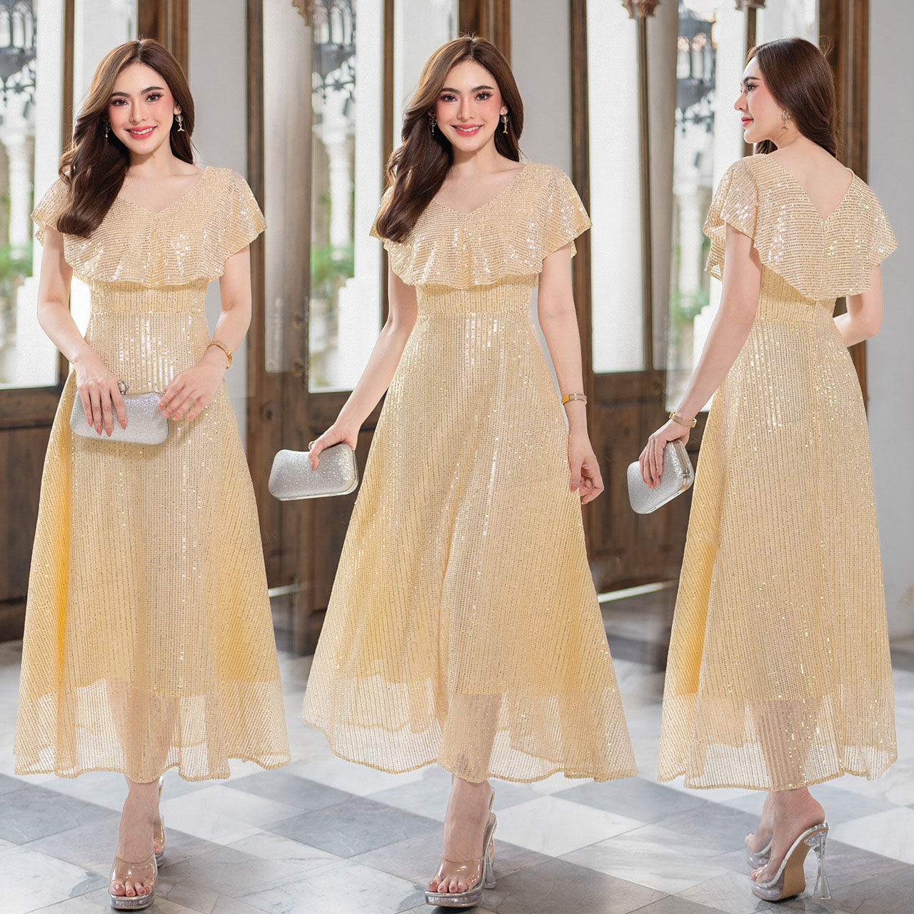 kudapy ชุดราตรีออกงานผ้าปักเลื่อมสีพิ้งโกล์ด / ทอง คอวี เนื้อผ้าปักเลื่อมกลิตเตอร์เงาสวย ช่วงคอแต่งระบาย มีซับในผ้าคอตตอลในตัวพร้อมซิป